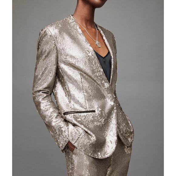 All Saints AllSaints Leigh Silver Sequin Tuxedo Blazer Jacket womens 6 - Picture 6 of 17